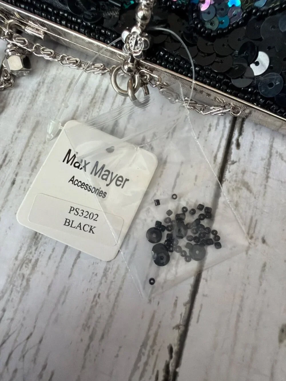 Y2K Max Mayer Black Beaded Sequin Evening Bag Clutch Kiss Lock Chain Strap NEW - Picture 10 of 14